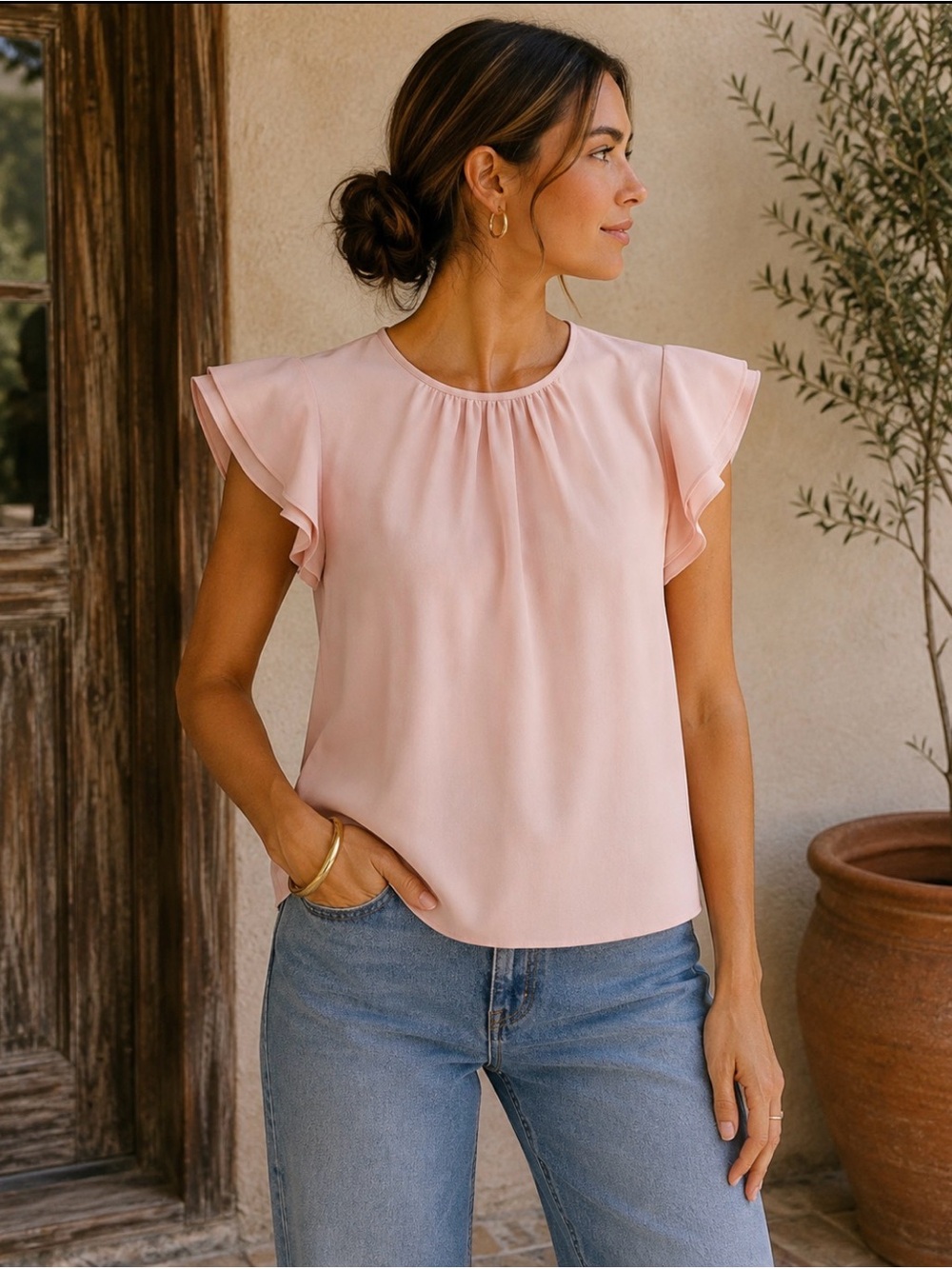 Shoshanna Blush Pink Flutter Sleeve Blouse Size 4 Feminine Dressy Top